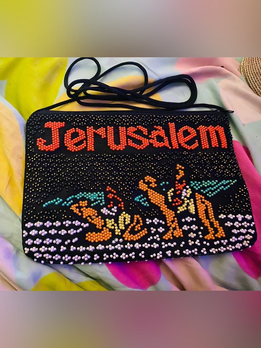 Beaded 'Jerusalem' Crossbody Bag in Black with Orange Accents